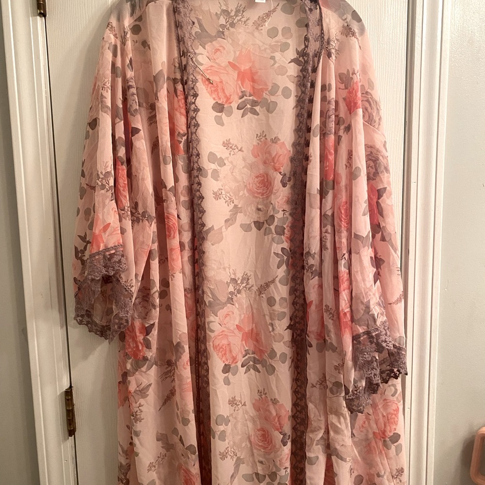 Pink rose sheer long kimono